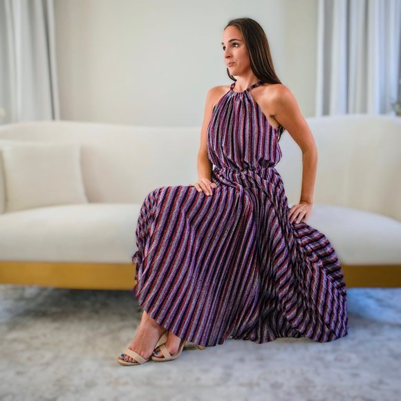 Purple Multi Striped Pleated Halter Midi Dress - Picture 4 of 8
